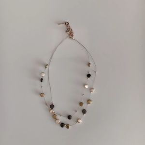 Silver toned choker double-strand necklace, silver, black & gold circle charms